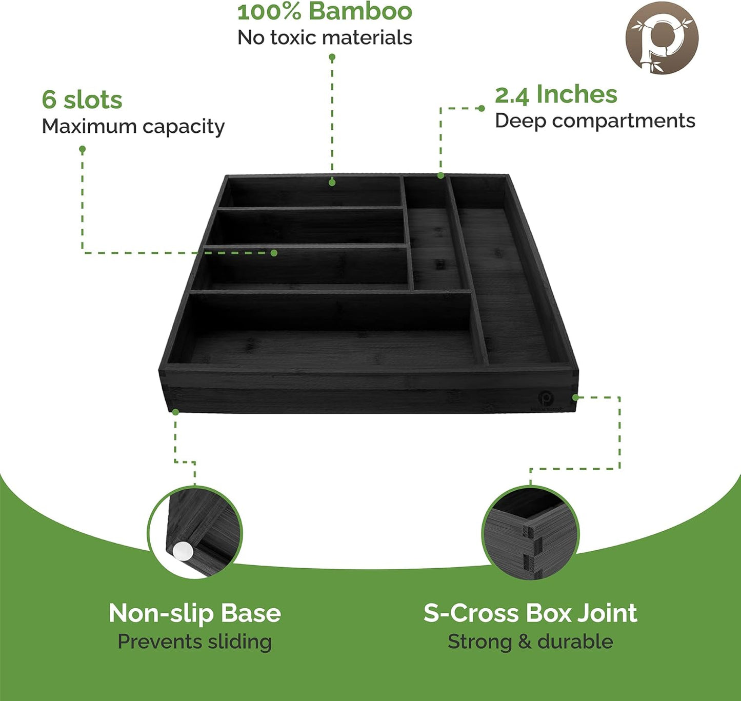 Pristine Bamboo Expandable Drawer Organizers for Kitchen - Extra Deep Non-Slip 17” x 14.6” (expands up to 25 inches) - Dark Wooden Silverware Divider (10 Compartments) – Organize Cooking Utensils