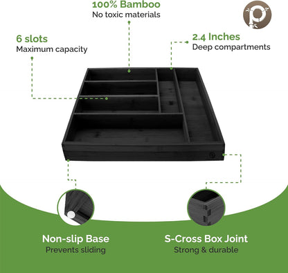 Pristine Bamboo Expandable Drawer Organizers for Kitchen - Extra Deep Non-Slip 17” x 14.6” (expands up to 25 inches) - Dark Wooden Silverware Divider (10 Compartments) – Organize Cooking Utensils