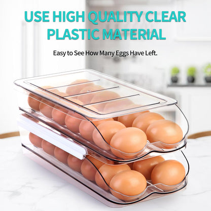RoskDeewat Egg Holder for Fridge, Automatic Rolling Egg Container for Refrigerator, Stackable Fridge Organizers and Storage with Lid, Clear Plastic Egg Dispenser,Bin & Tray (1 Tier)