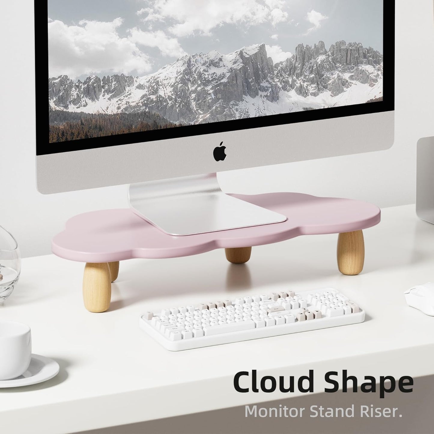 AFOOYO Monitor Stand Riser,Cloud Shape Wood Computer Monitor Stand, 16.5IN Monitor Stand Riser, Multi-Purpose Desktop Organizer Riser for Computer,Laptop,Printer,TV,Pink
