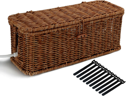 Cable Management Box, Desk Handwoven Rattan Cord Hider Cable Organizer Box With Lid Button Lock, Power Strip Cover Wicker Decorative Basket, Floor Wire Hiding Extension Cord Box (dark brown)