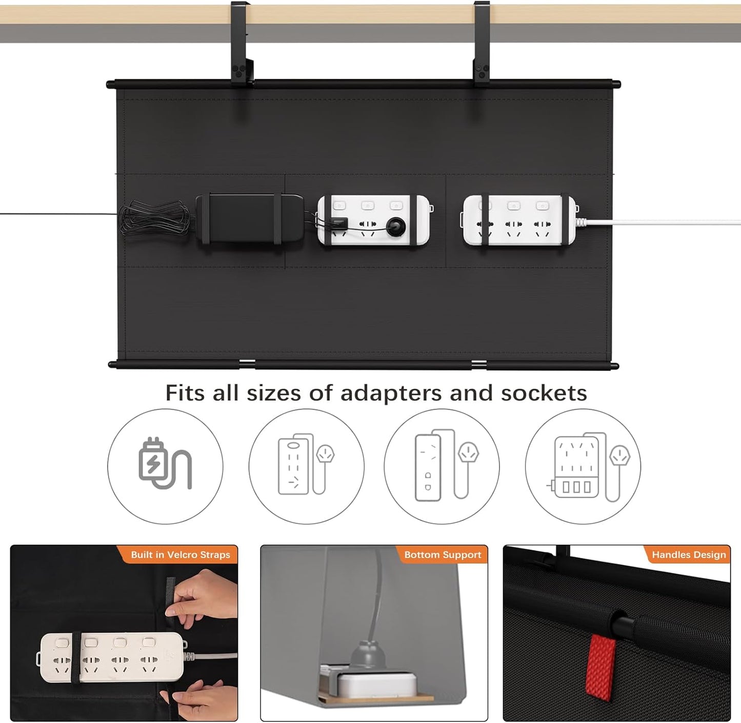 Under Desk Cable Management Tray - 36" Cord Organizer for Desk No Drill, Fabric Under Table Wire Organizer with 16X Cable Ties Hide for Office/Home, Cord Hider Fits Adapters & Sockets, White