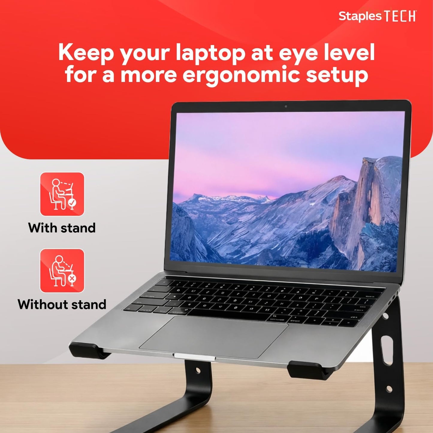 Staples TECH Aluminum Laptop Stand, Black, 11.2” x 10.2”, Ergonomic Cooling Riser for Notebook/MacBook/PC