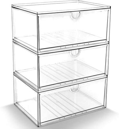 Prsildan Acrylic Makeup Organizer, 2 Pack Stackable Storage Drawers with 6 Drawers for Office Desk Vanity Craft Room Clear Drawer Organizers for Hair Accessories Art Supplies Cosmetics Modular System