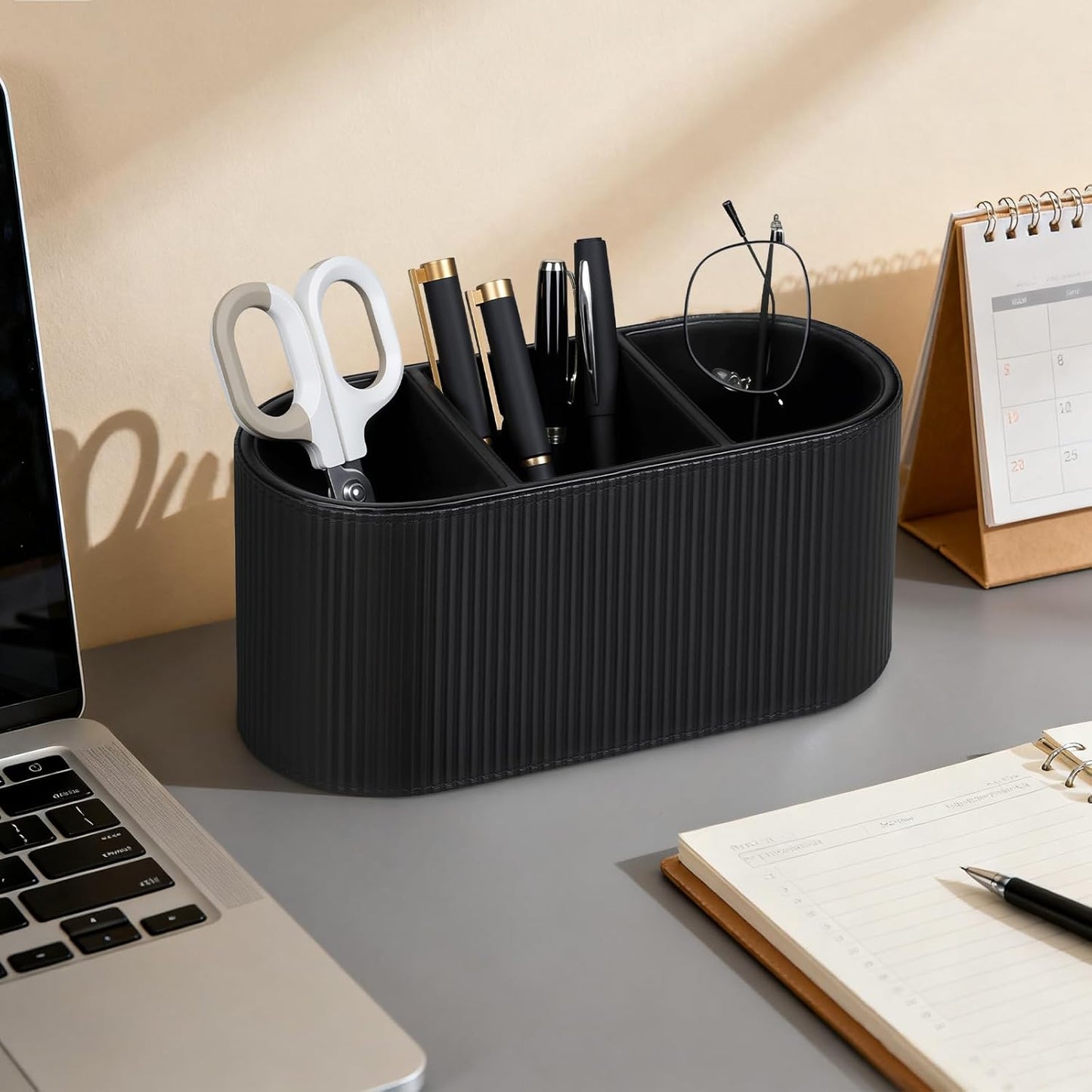 Aesthetic Remote Control Holder, PU Leather Pen Holder for Desk with 3 Compartments for Home Office Supplies and Accessories, Stylish Bedside Remote Holder Nightstand Desktop Organizer (Beige)