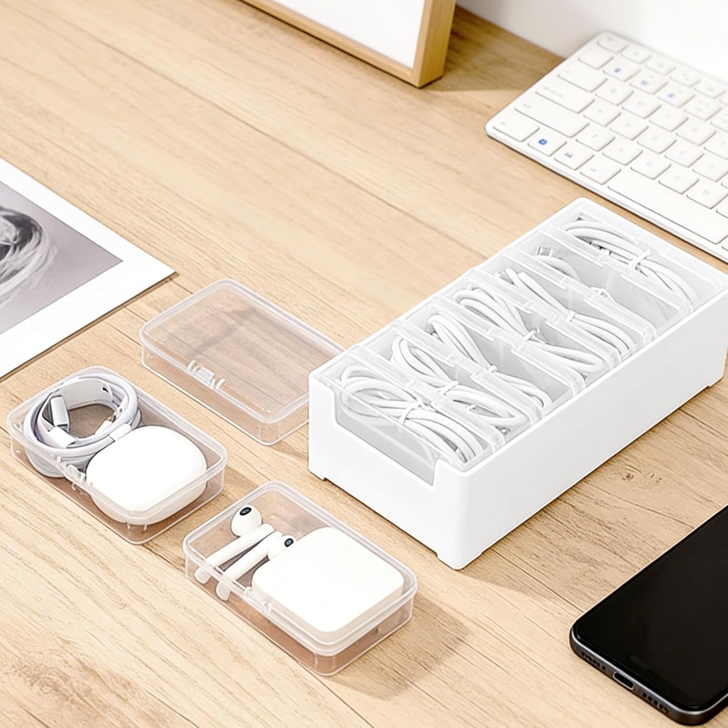3 PCS Cable Organizer Box with 7 Clear Switch Case, Charger Cord Organizer Box for Home Office Desk Storage Accessories