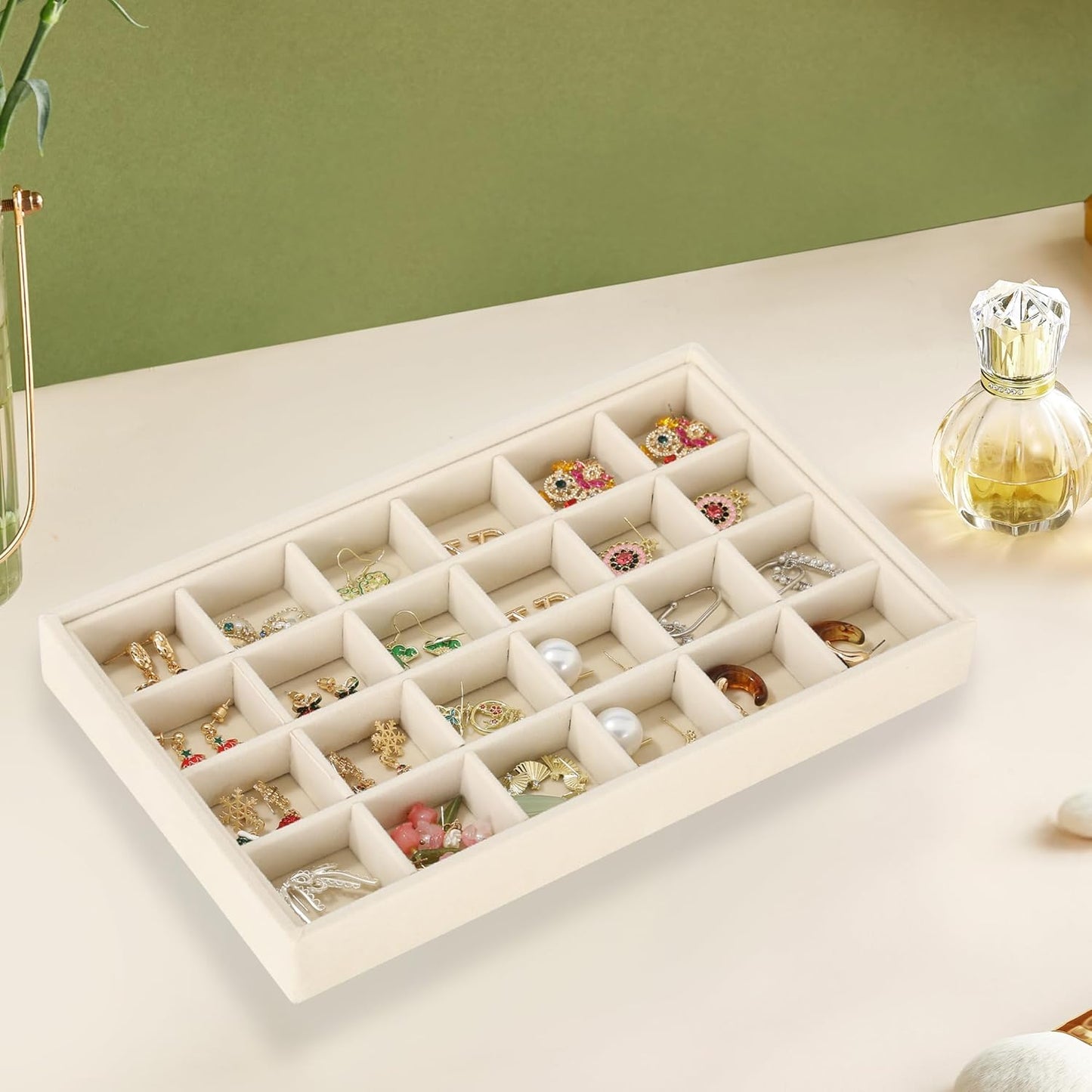 Frebeauty Stackable Jewelry Trays, Velvet Drawer Jewelry Organizer with Glass Lid,5 in 1 Multi-Functional Jewelry Storage for Earrings Necklaces Rings, 10.5 x 6.5 x 5.55 Inches Gift for Women(Beige)