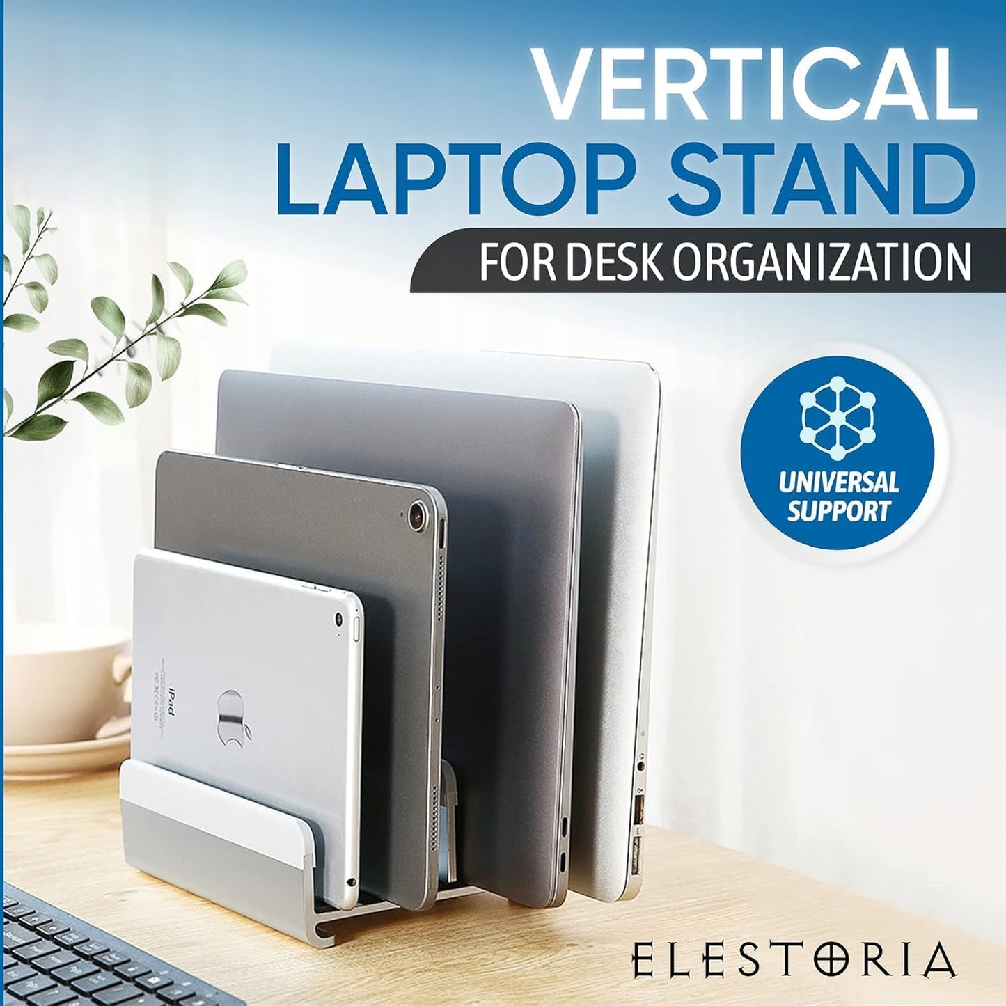 Elestoria 5- Slot Vertical Laptop Stand - Aluminum Laptop Stand Vertical for Desk - Adjustable Width (12-38mm) Fits MacBook Pro/Air, Surface & Gaming Laptops Upto 17.3 (Grey)
