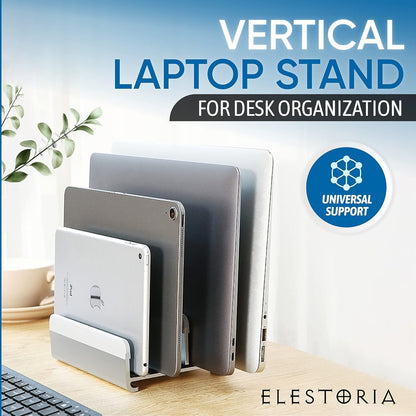 Elestoria 5- Slot Vertical Laptop Stand - Aluminum Laptop Stand Vertical for Desk - Adjustable Width (12-38mm) Fits MacBook Pro/Air, Surface & Gaming Laptops Upto 17.3 (Grey)