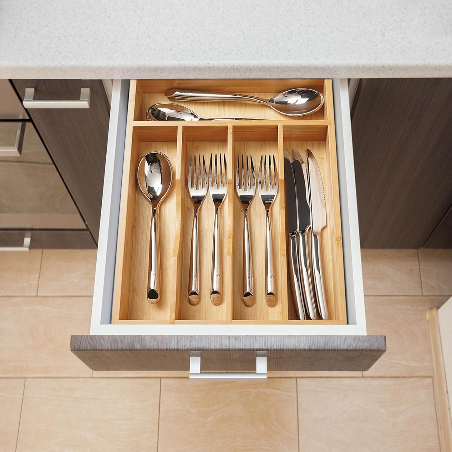Umilife Bamboo Kitchen Drawer Organizer, 13 Inch Silverware Utensil Tray Holder, Extra Deep Grooved Drawer Divider, 7 Slots Total Bamboo Wood Caddy for Flatware Cutlery Knives, Forks, Spoons
