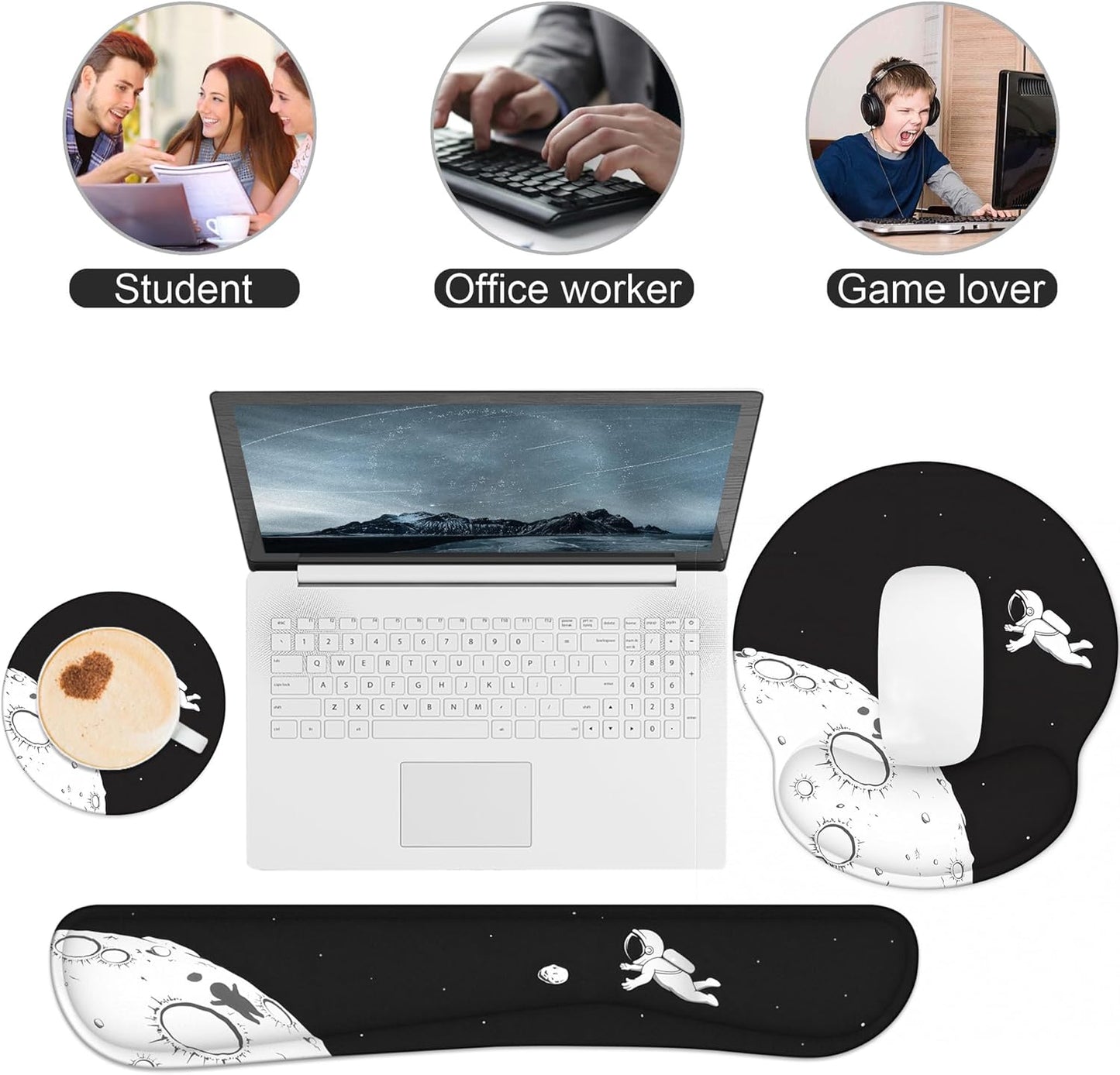 Ergonomic Mouse Pad with Wrist Rest and Keyboard Wrist Rest, Memory Foam Wrist Rest for Computer Keyboard, Easy Typing, Pain Relief, Mouse Pad Wrist Support for Gaming,Office, Laptop, Black Flower
