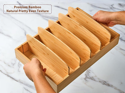 Umilife Kitchen Cabinet Organizer for Food Storage Container Lids, with Adjustable Dividers, Bamboo Drawer Caddy, Box for Kitchen Storage And Organization