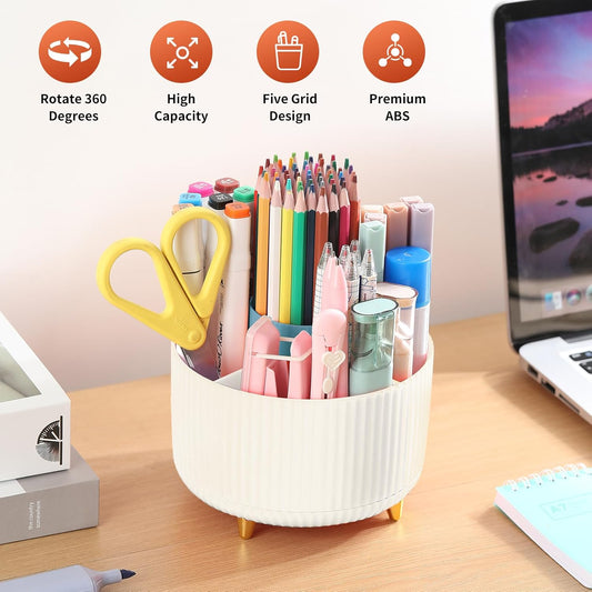 Desk Pencil Pen Holder, 5 Slots 360°Degree Rotating Pen Organizers for Desk, Desktop Storage Stationery Supplies Organizer, Cute Pencil Cup Pot for Office, School, Home, Art Supply, Dark Green