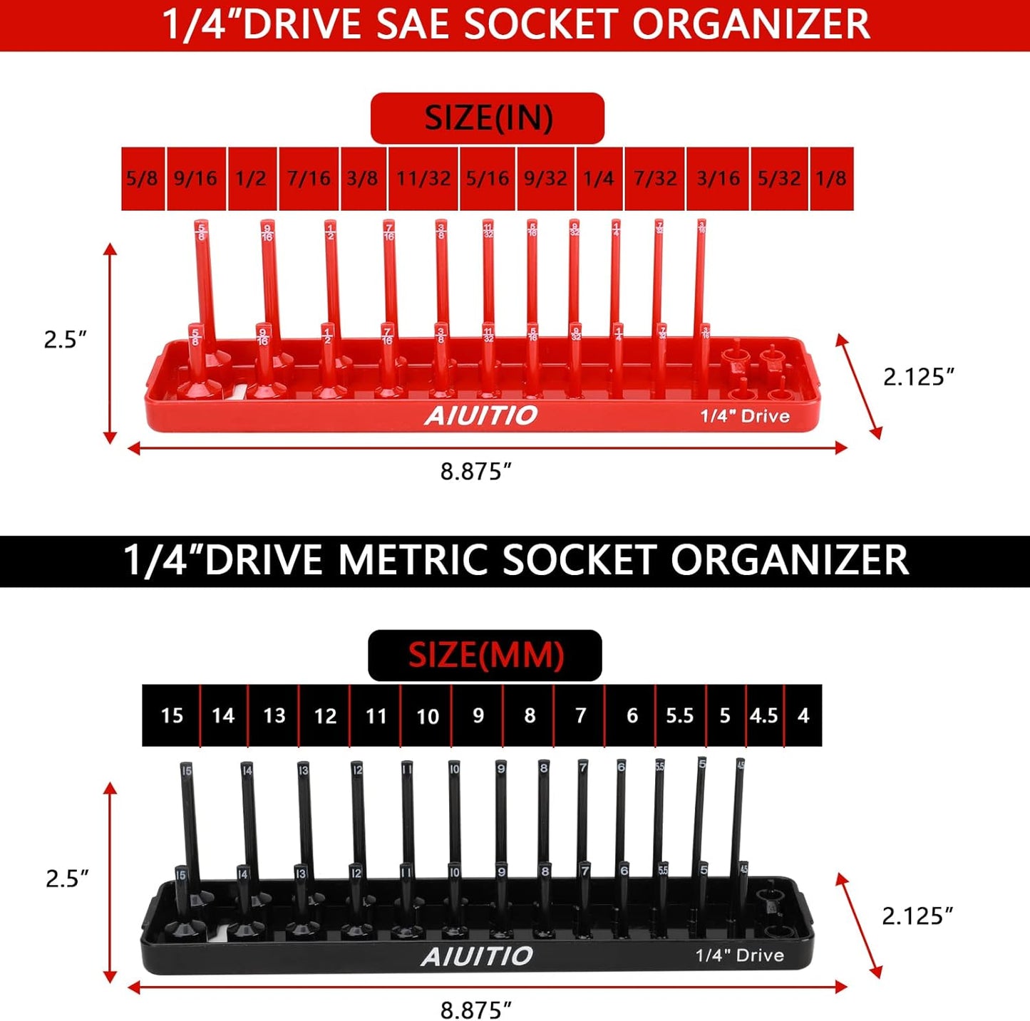 AIUITIO 6PCS Socket Organizer Tray Set, Red SAE & Black Metric Socket Storage Trays, 1/4-Inch, 3/8-Inch & 1/2-Inch Drive Deep and Shallow Socket Holders for Toolboxes