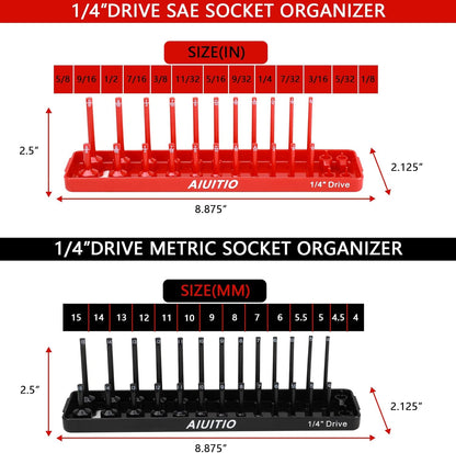 AIUITIO 6PCS Socket Organizer Tray Set, Red SAE & Black Metric Socket Storage Trays, 1/4-Inch, 3/8-Inch & 1/2-Inch Drive Deep and Shallow Socket Holders for Toolboxes