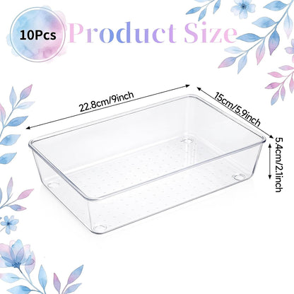 10 Pack Clear Plastic Drawer Organizer, 6" X 9" Acrylic Storage Bins with Non-Slip Pads, Acrylic Drawer Organizer Tray, Clear Desk Storage Tray for Makeup, Kitchen Utensils, Jewelry, Office, Bathroom