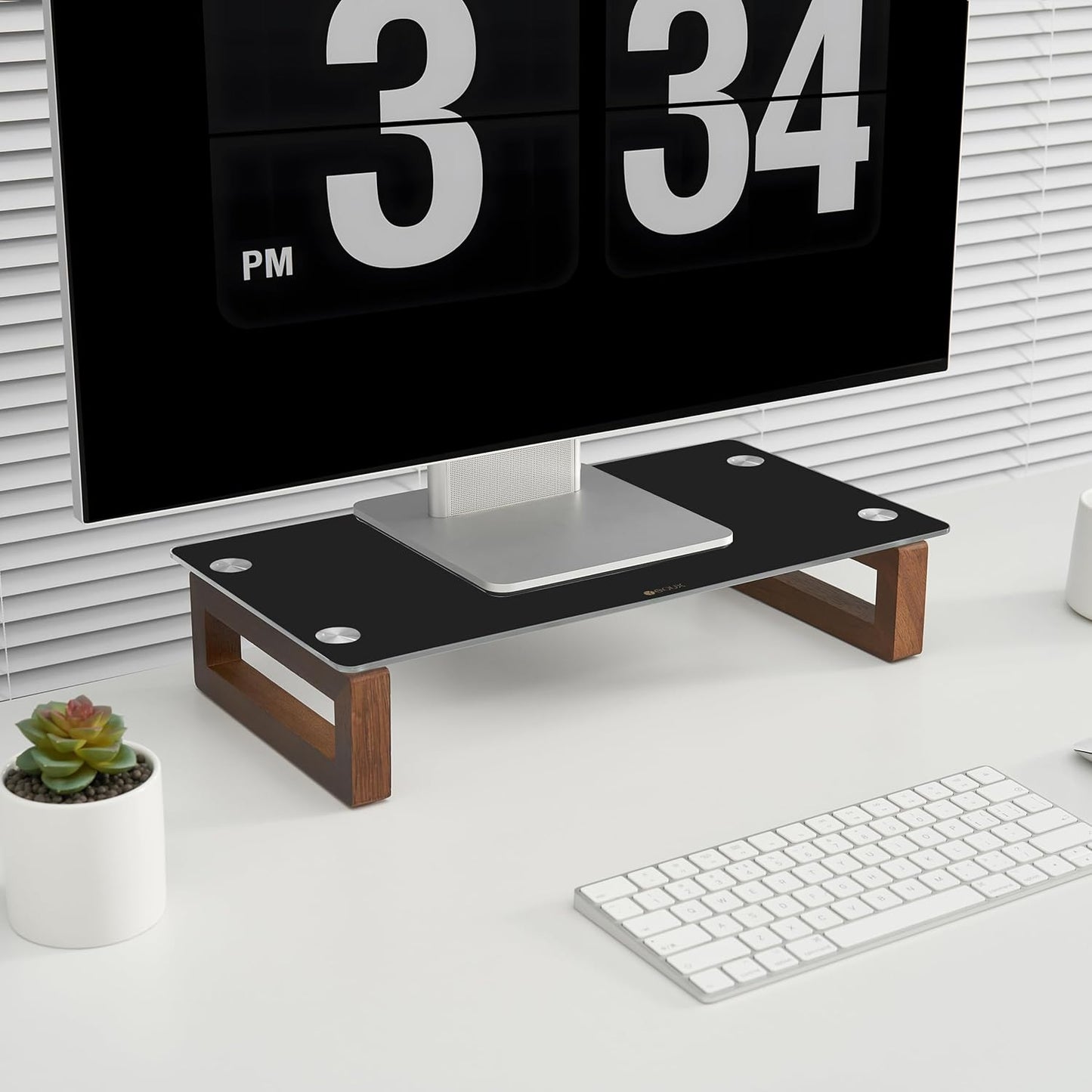 YEOUX Multi-Purpose Desktop Stand, Clear Floating Computer Monitor Riser with Natural Wood Base, Desk Organization Shelf for Printer, Laptop, Audio Device, Flat Screen