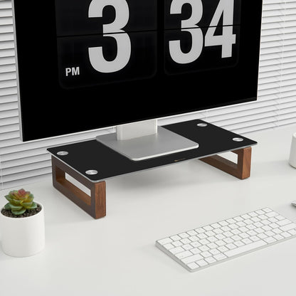 YEOUX Multi-Purpose Desktop Stand, Clear Floating Computer Monitor Riser with Natural Wood Base, Desk Organization Shelf for Printer, Laptop, Audio Device, Flat Screen