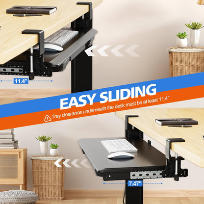 Large Keyboard Tray Under Desk Slide Out with Sturdy C-Clamp Mount and Storage Drawer, 27" (31" Including Clamps) x 12" Ergonomic Keyboard Trays for Home and Office, Black
