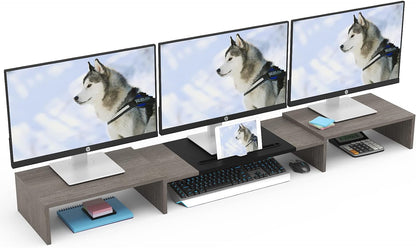 WESTREE Triple Dual Monitor Stand Riser, Extra Long Monitor Stand for 1~2~3 Monitors, Monitor Stand with Length and Angle Adjustable, 3 Shelf Desktop Storage Riser for Monitor Computer Screen Laptop