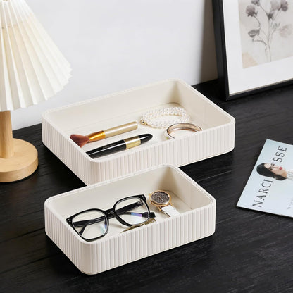 Desk Organizer Tray, PU Leather Nightstand Organizer Perfume Valet Tray for Men Women, Decorative Vanity Trays Trinket Dish Key Bowl for Entryway Table (2pcs, Ivory, Large+Small)