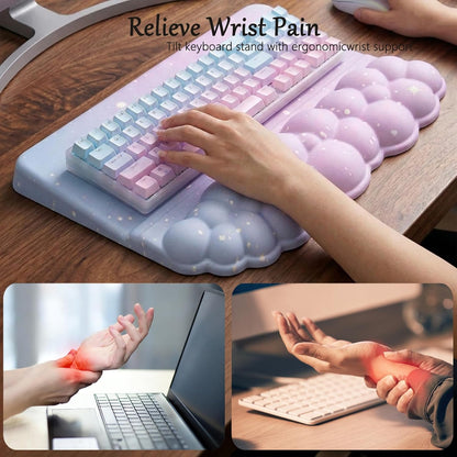 Computer Keyboard Stand Pad with Wrist Rest Purple Blue Cloud Keyboard Pad Support with Comfortable Galaxy Stars Wrist Pad Cute Girl Ergonomic Tilted Keyboard Riser Holder for Desktop Office Home