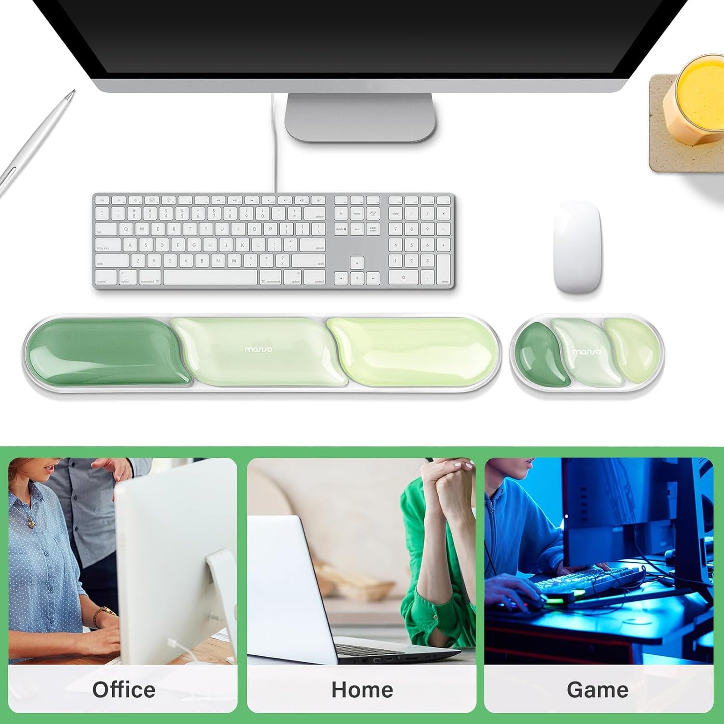 MOSISO Gel Keyboard Wrist Rest&Wrist Support for Mouse, Streamlined Ergonomic Soft Cooling Gel Mousepad Pain Relief Easy Typing Pad Non-Slip Computer Laptop Home/Office, Green