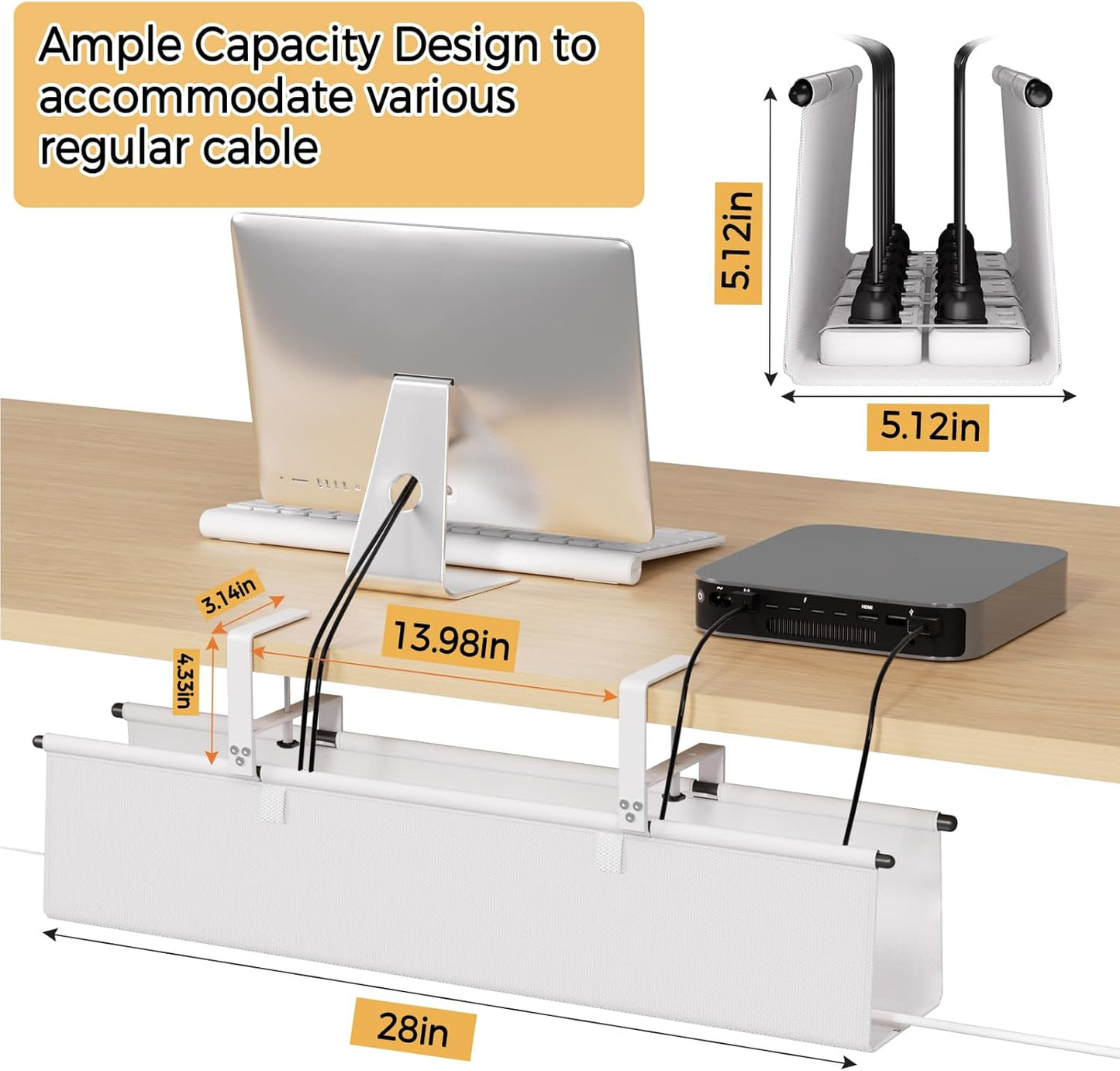Under Desk Cable Management Tray - 36" Cord Organizer for Desk No Drill, Fabric Under Table Wire Organizer with 16X Cable Ties Hide for Office/Home, Cord Hider Fits Adapters & Sockets, White