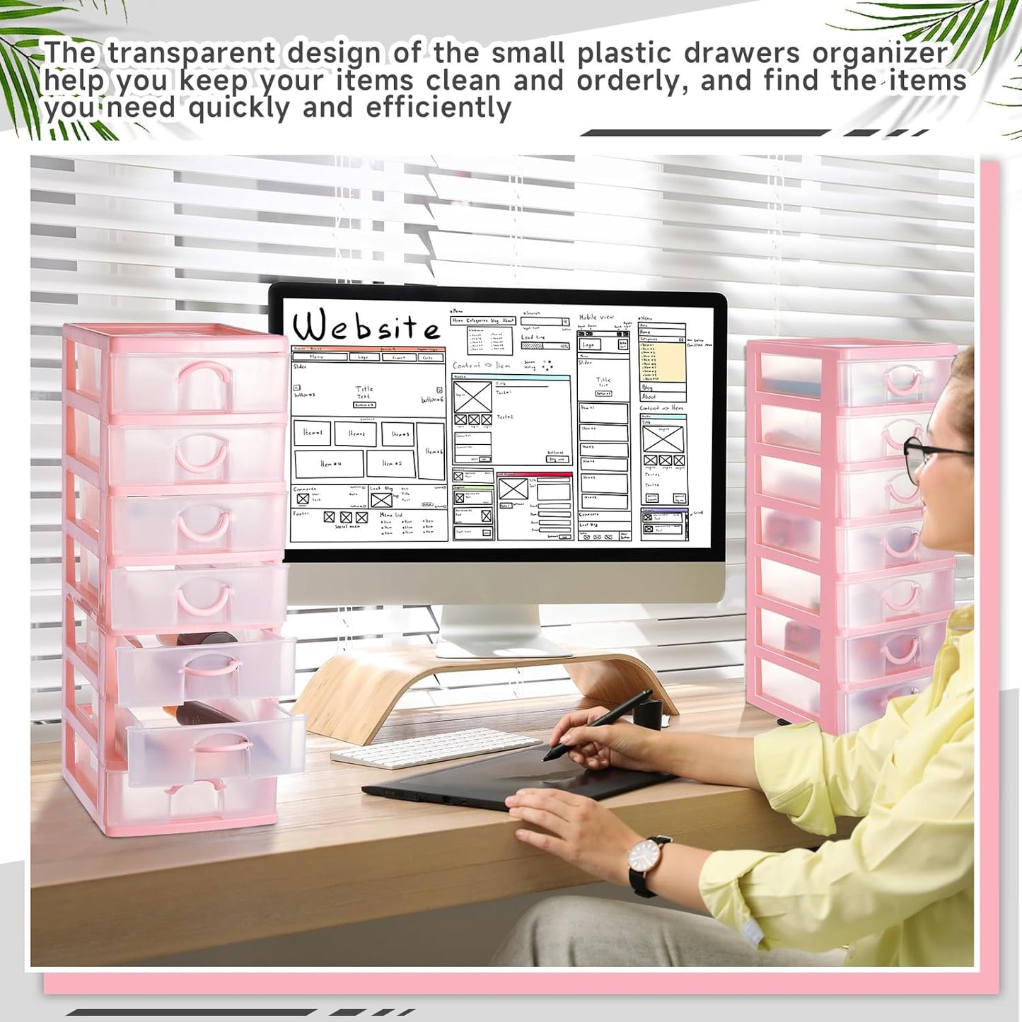 Thyle 2 Pcs Plastic Drawers Organizer Mini Organizer Stackable Plastic Clear Drawer Storage Box Containers Storage Units for Desktop Classroom Craft 6.7 x 4.9 x 13.4 inches(Purple)