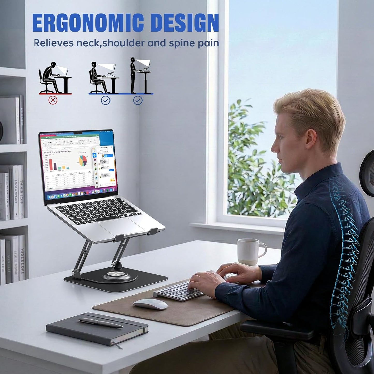 JOYEKY Laptop Stand for Desk, Adjustable Computer Stand with 360° Rotating Base, Ergonomic Laptop Riser for Collaborative Work, Foldable & Portable Laptop Stand, fits for All 10-16" Laptops (Grey)