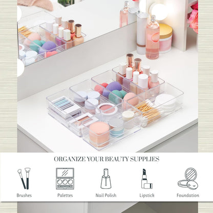 STORi SimpleSort 6-Piece Stackable Clear Drawer Organizer Set | 12" x 3" x 2" Rectangle Trays | Narrow Makeup Vanity Storage Bins and Office Desk Drawer Dividers | Made in USA