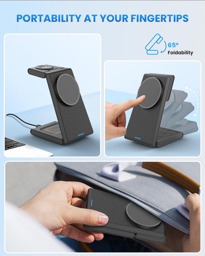 Charging Station for iPhone and Apple Watch: 3 in 1 Wireless Phone Charger Stand for iPhone 17 16 15 14 13 12 11 Pro Max & AirPods, Bedside Nightstand Docking