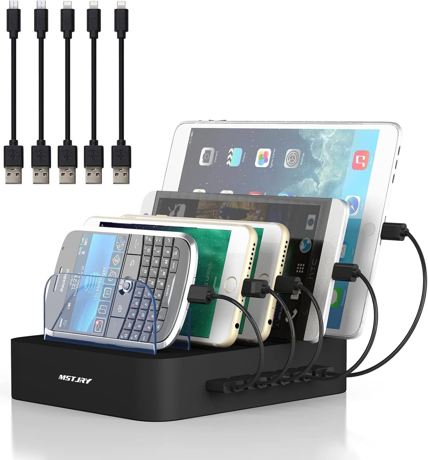 MSTJRY Charging Station for Multiple Devices : 5 Port Multi USB-A Charger Stations Multi-Device Organizer Charging Dock Designed for iPhone iPad Cell Phone Tablets (7 Short Cables Included)