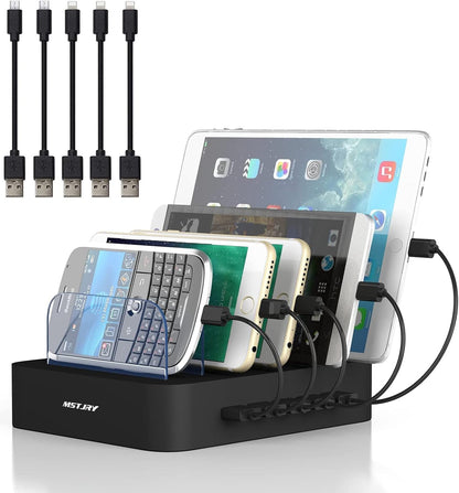 MSTJRY Charging Station for Multiple Devices : 5 Port Multi USB-A Charger Stations Multi-Device Organizer Charging Dock Designed for iPhone iPad Cell Phone Tablets (7 Short Cables Included)