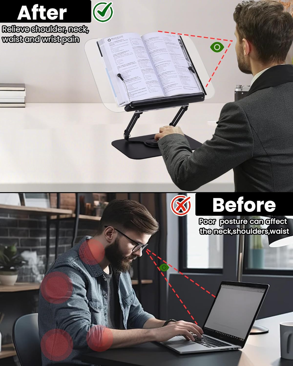 ASIEIT Desk Clamp Book Stand, Aluminum Book Holder Adjustable Height & Angle, Cookbook Stand for Kitchen, Recipe Book Holder with 360° Swivel Base, Book Stand for Reading, Office, Laptop