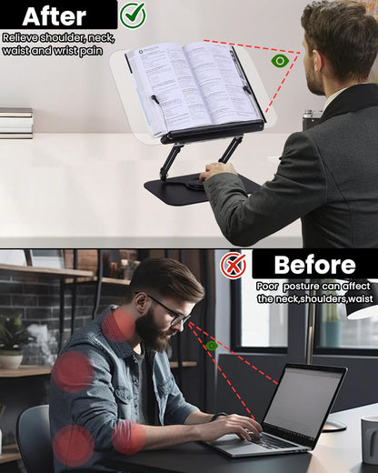 ASIEIT Desk Clamp Book Stand, Aluminum Book Holder Adjustable Height & Angle, Cookbook Stand for Kitchen, Recipe Book Holder with 360° Swivel Base, Book Stand for Reading, Office, Laptop
