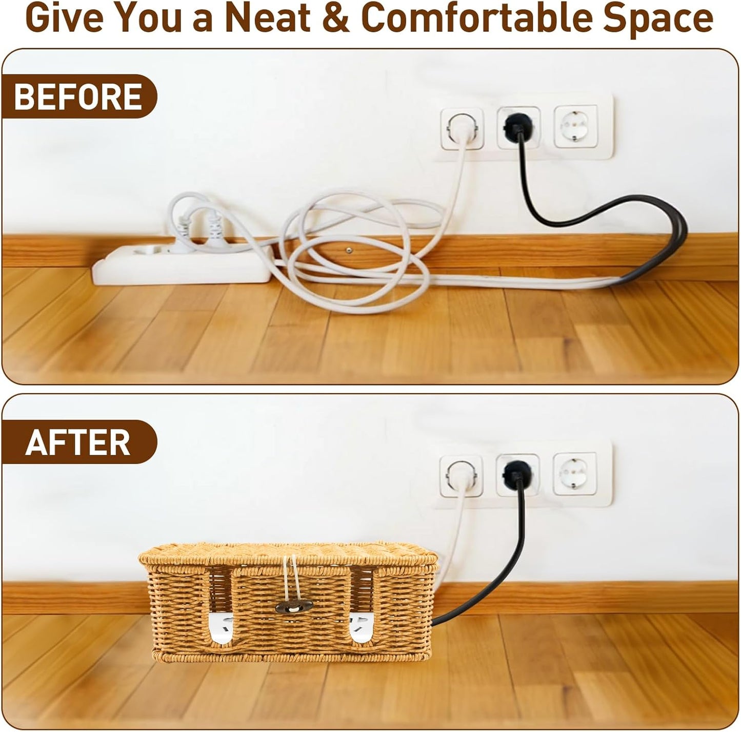 Cable Management Box - 2 Pack Cord Hider Organizer Boxs - Small & Medium Szie Power Cover Cord Box, Handwoven Rattan Cable Organizer for TV Computer USB Hub Power Strips & Cords