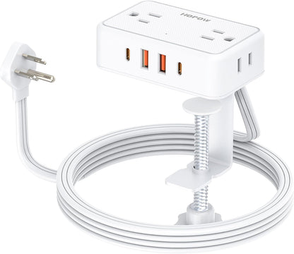 HOPOW Desk Clamp Power Strip, Desktop Mount Charging Station with 4 Outlets 4 USB Ports (2 USB C), 10Ft Under Desk Power Strip, Fits 2.75" Tabletop Edge, Extension Cord for Home Office, Black