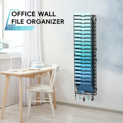 5 Tier Wall File Organizer - Hanging File Organizer with 5 Hooks, Mail Holder Wall Mounted for Papers, Folders, Magazines, Bills, Office&School Organization, Black