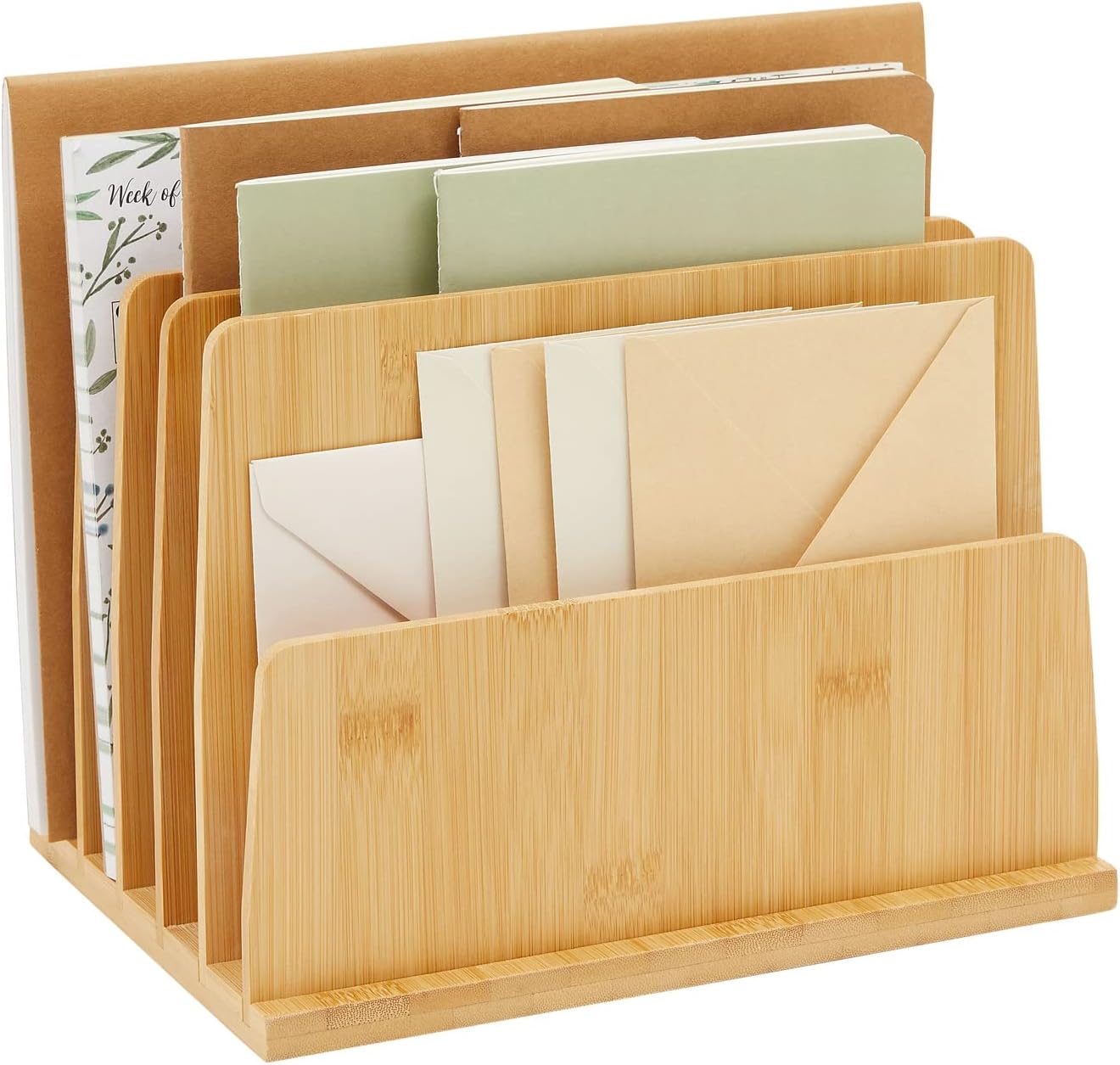 Bamboo Wooden Mail Holder, File Sorter for Letter and Folder Document Storage, Envelope Organizer with 5 Slots for Office Desk, Countertop, Home Organization (10x7 in)