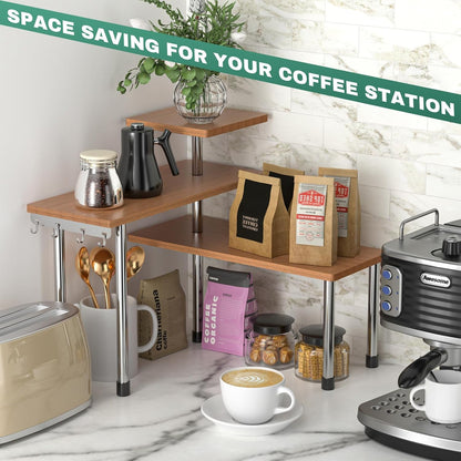 ZHWS Kitchen Countertop Organizer Spice Rack for Salt, Bathroom Counter Organizer Over Sink for Makeup, Skincare, Adjustable 3-Tier Corner Counter Shelf with 4 Hooks for Coffee Bar Dresser Table