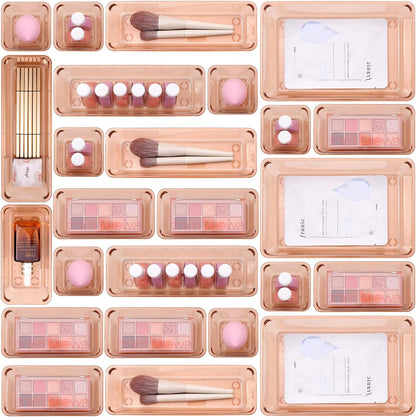 Clear Acrylic Drawer Organizers Set Storage for Makeup, Office Desk Small Vanity Trays for Drawer Bathroom Plastic Make up Organizers 25 Pcs