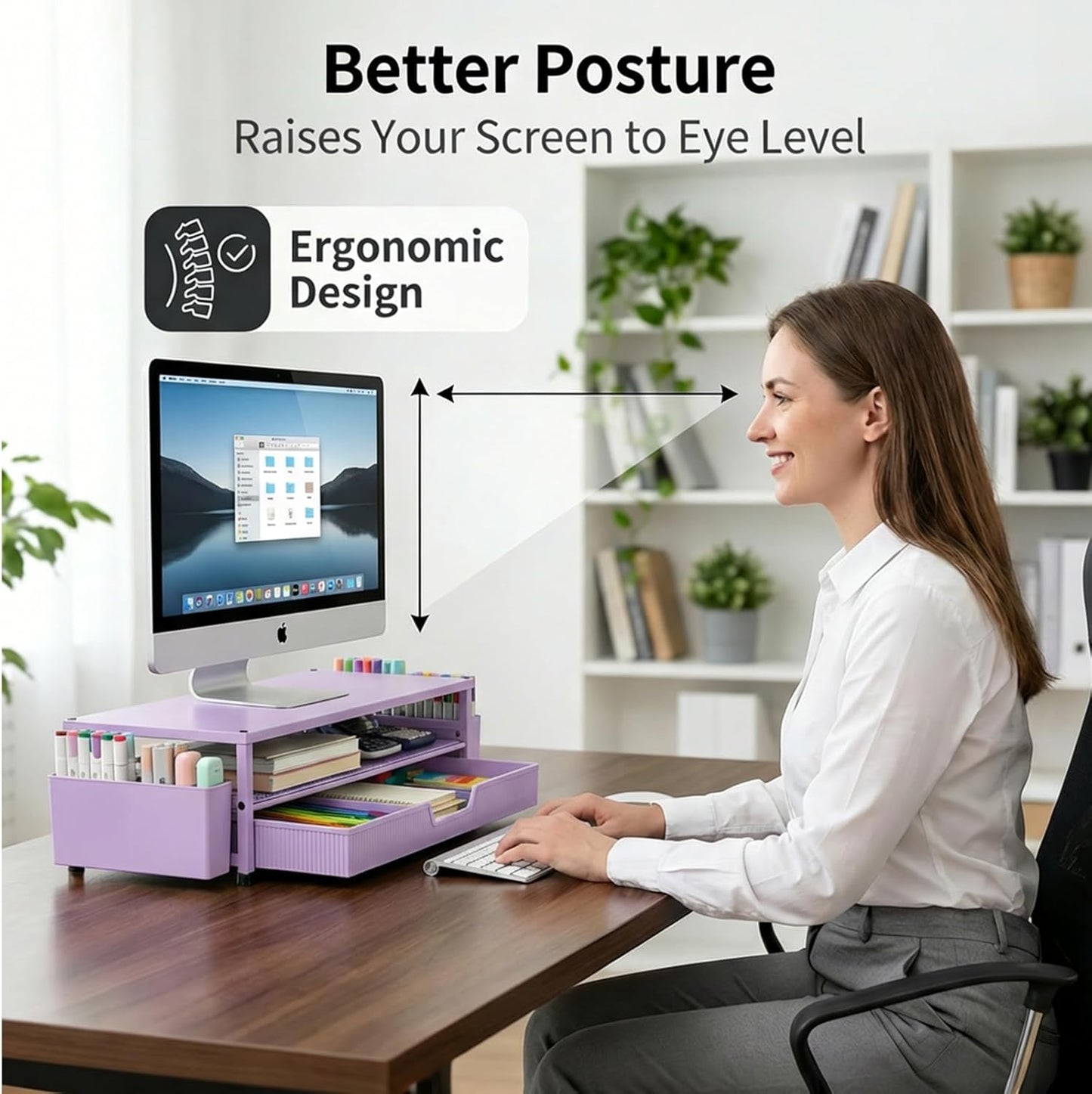 ECOLOVI Desk Organizer and Accessories, 2-Tier Computer Monitor Stand Rise with Storage Drawer & 2 Pen Holders, Laptop & Printer Stand for Desktop, Workspace Organizers for Office Supplies (Blue)