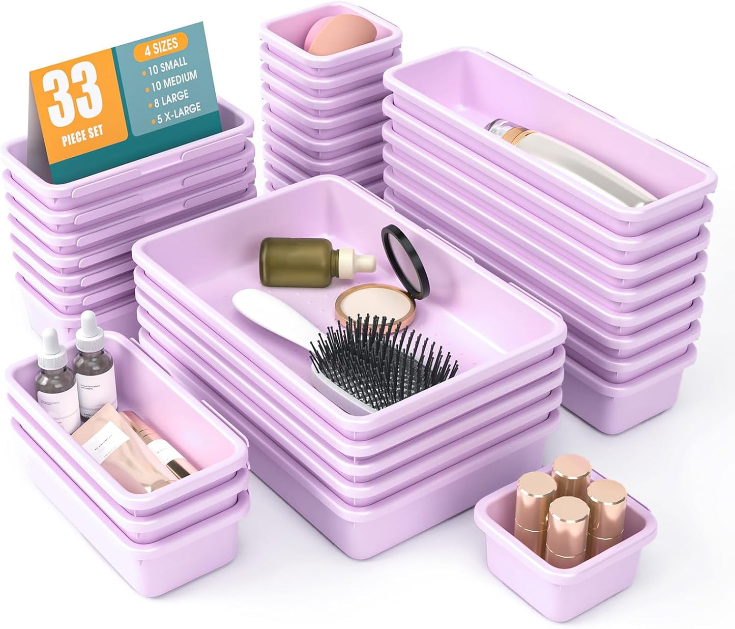 StoreHappily 10 PCS Drawer Organizer Set, 4 Size Makeup Drawer Divider Organizer With Non-Slip Pads, Interlocking Plastic Storage Bins for Office,Jewelry Vanity,Gadgets, Bathroom,Kitchen, Black