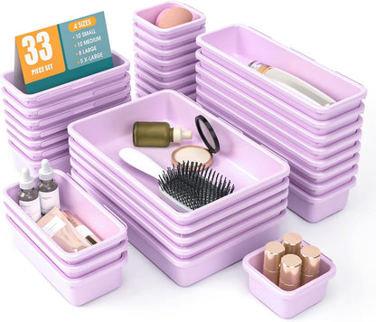 StoreHappily 10 PCS Drawer Organizer Set, 4 Size Makeup Drawer Divider Organizer With Non-Slip Pads, Interlocking Plastic Storage Bins for Office,Jewelry Vanity,Gadgets, Bathroom,Kitchen, Black