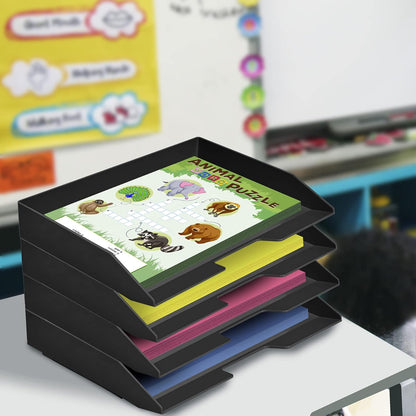 Acrimet 4 Tier Paper Organizer Letter Tray – Plastic Stackable Desk File Organizer, Side Load Paper Sorter for Letter/A4 Office File Folder Holder – Black