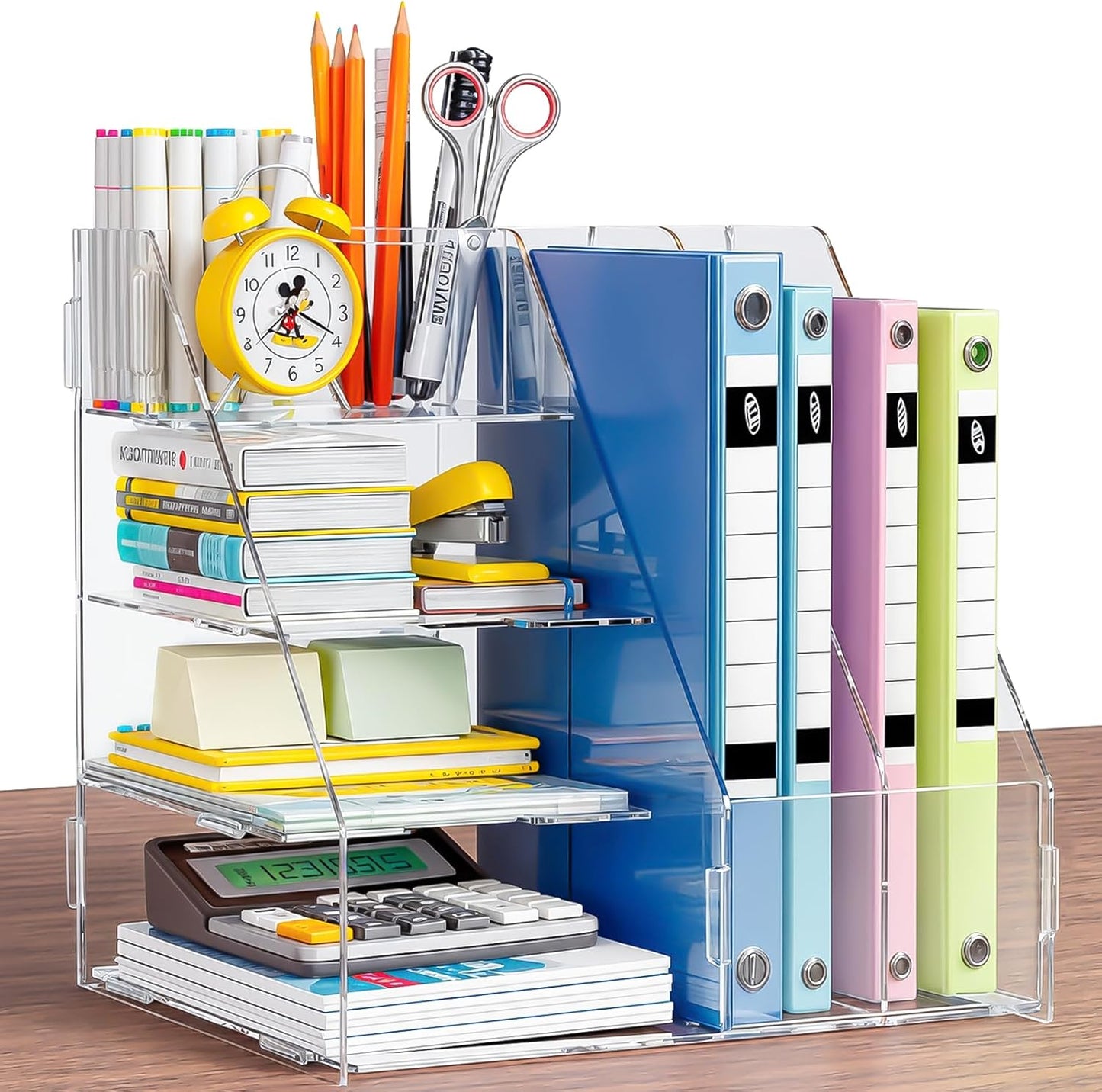 BONIER Acrylic Desk Organizer, 4-Tier Paper Tray and Mail Sorter, 2-Tier Magazine Rack, Document Storage and Accessories Holder for Home, Office, and Classroom Use