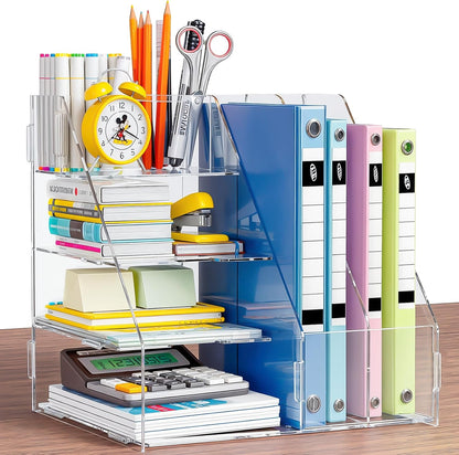 BONIER Acrylic Desk Organizer, 4-Tier Paper Tray and Mail Sorter, 2-Tier Magazine Rack, Document Storage and Accessories Holder for Home, Office, and Classroom Use