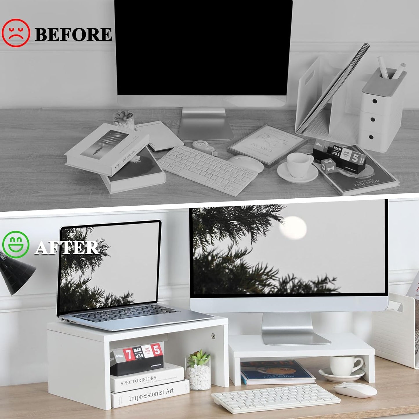 TEAMIX Adjustable White Monitor Stand Riser - 2 Pack, Wood 2 Tier Adjustable Stand for 2 Monitors/Laptop/PC