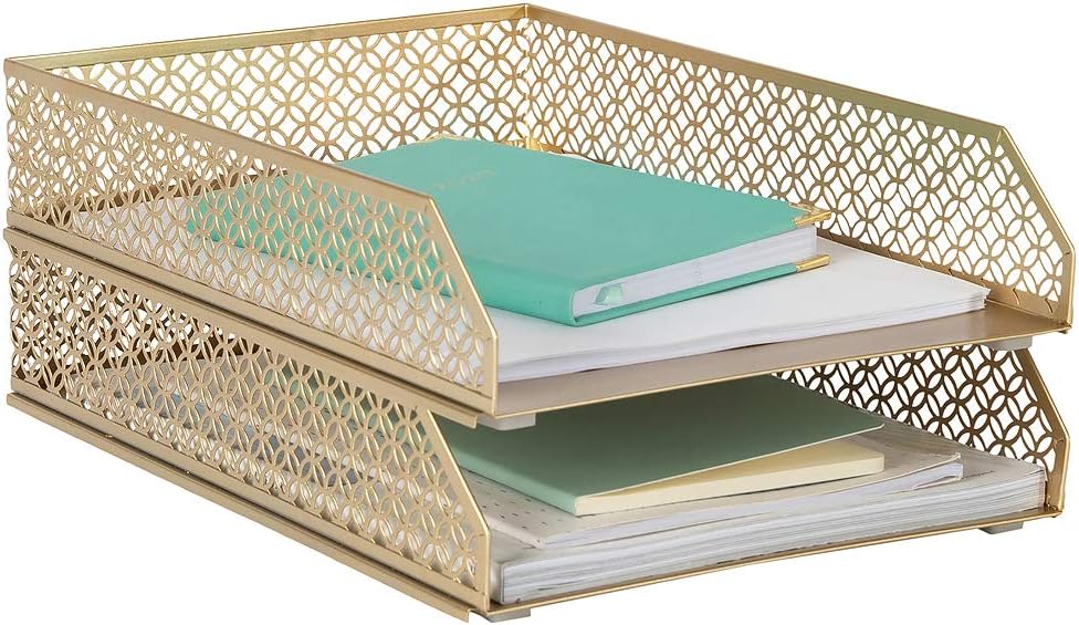 BLU MONACO | Paper Tray Stackable Gold Set of 2 | Stackable File Trays for Desk Organization | Tiered Desk Organizer with Metal Letter Trays